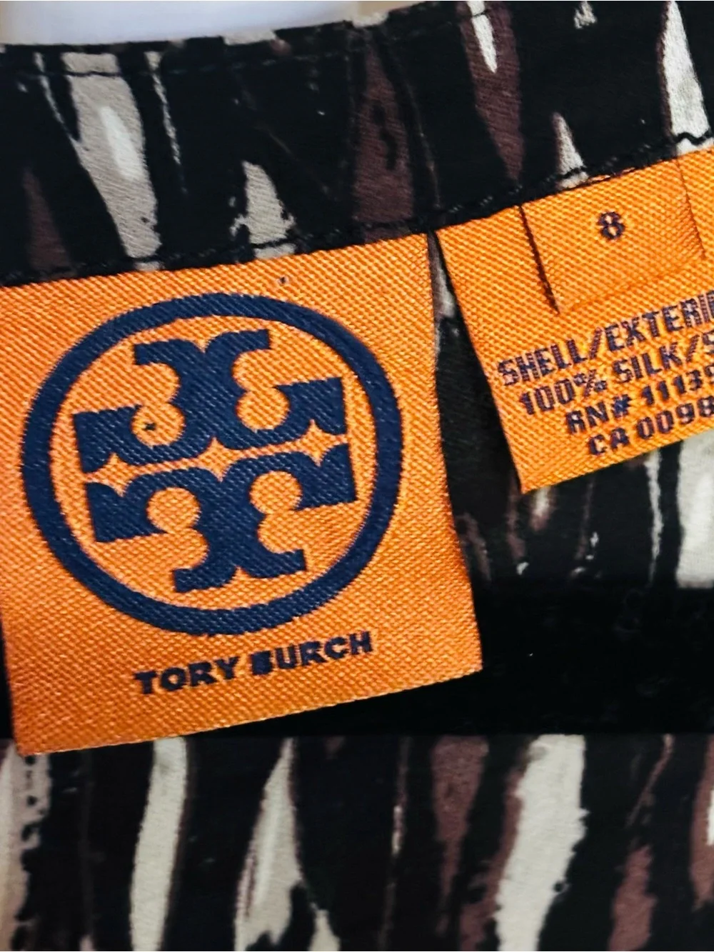 Tory Burch 100 % Silk Black & Brown Abstract Print Ruffle Neck Blouse
